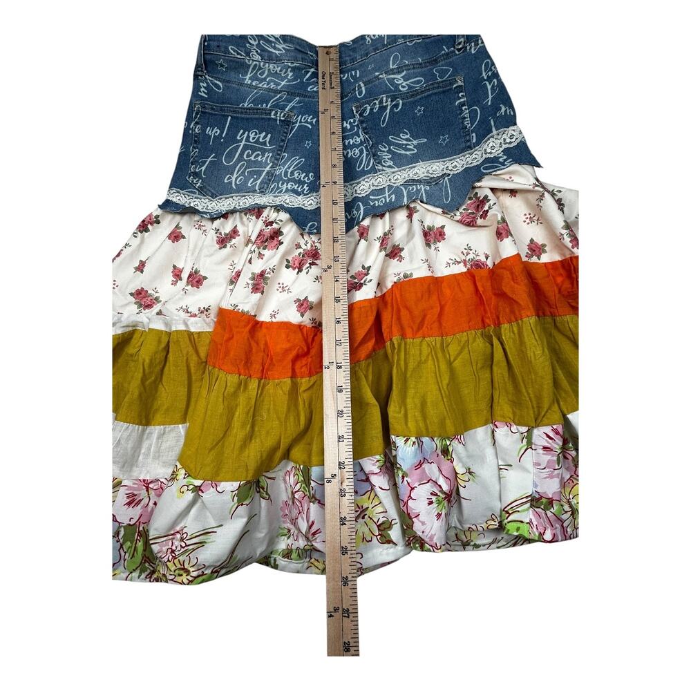 High Rise Size 10 Upcycled Denim Floral Tiered Boho Maxi Skirt Lace OOAK - Picture 5 of 10